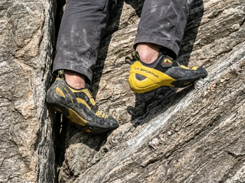 Climber wearing two different climbing shoes performing a simultaneous foot jam and hook.