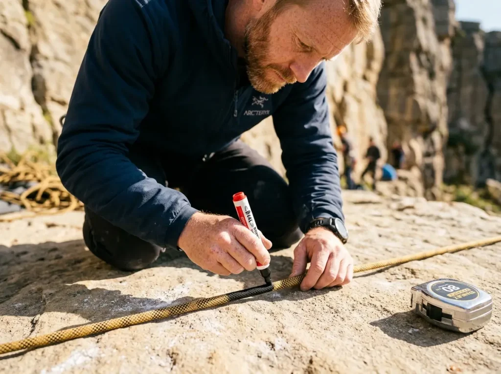 Climber applying Beal water-based rope marker to Mammut climbing rope at crag to mark center point