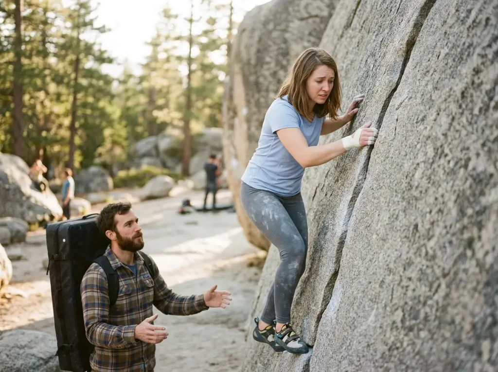 Beginner climber attempting their first hand crack outdoors at a beginner crag, nervous but trying