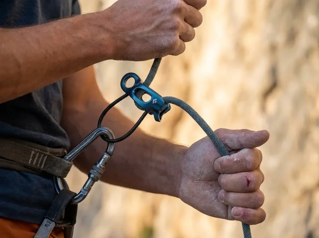 Close-up of belayer's hands on ATC belay device showing correct brake hand position below device