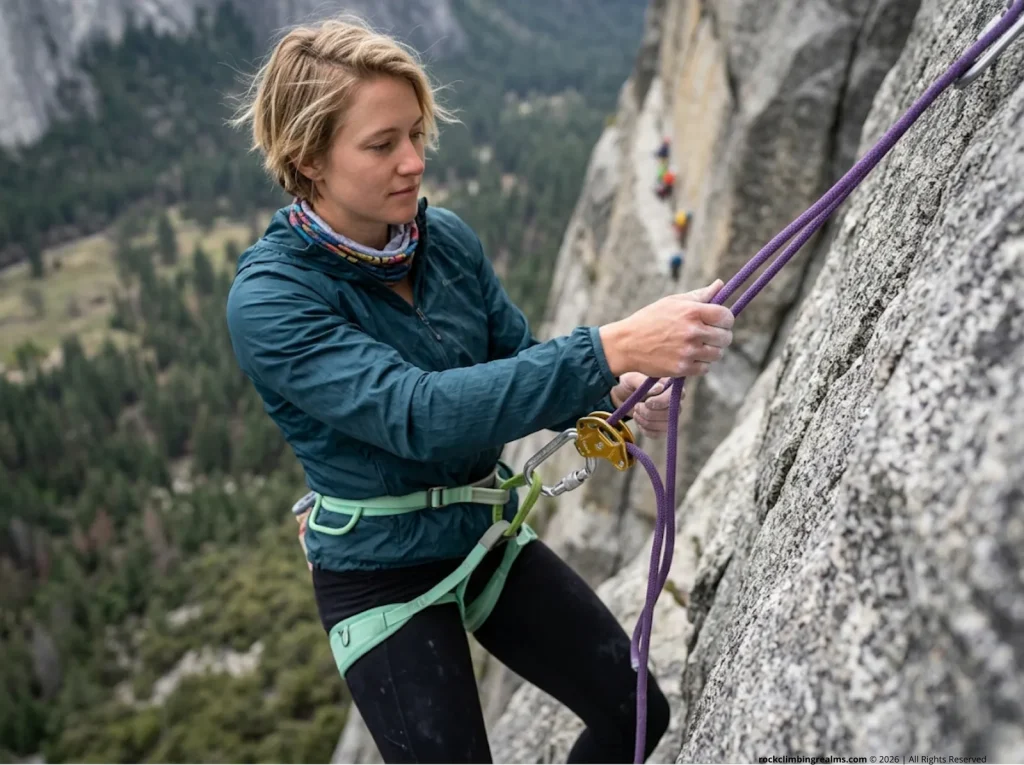 Belayer using a device correctly clipped, illustrating harness tie in points explained loop vs belay mechanics.