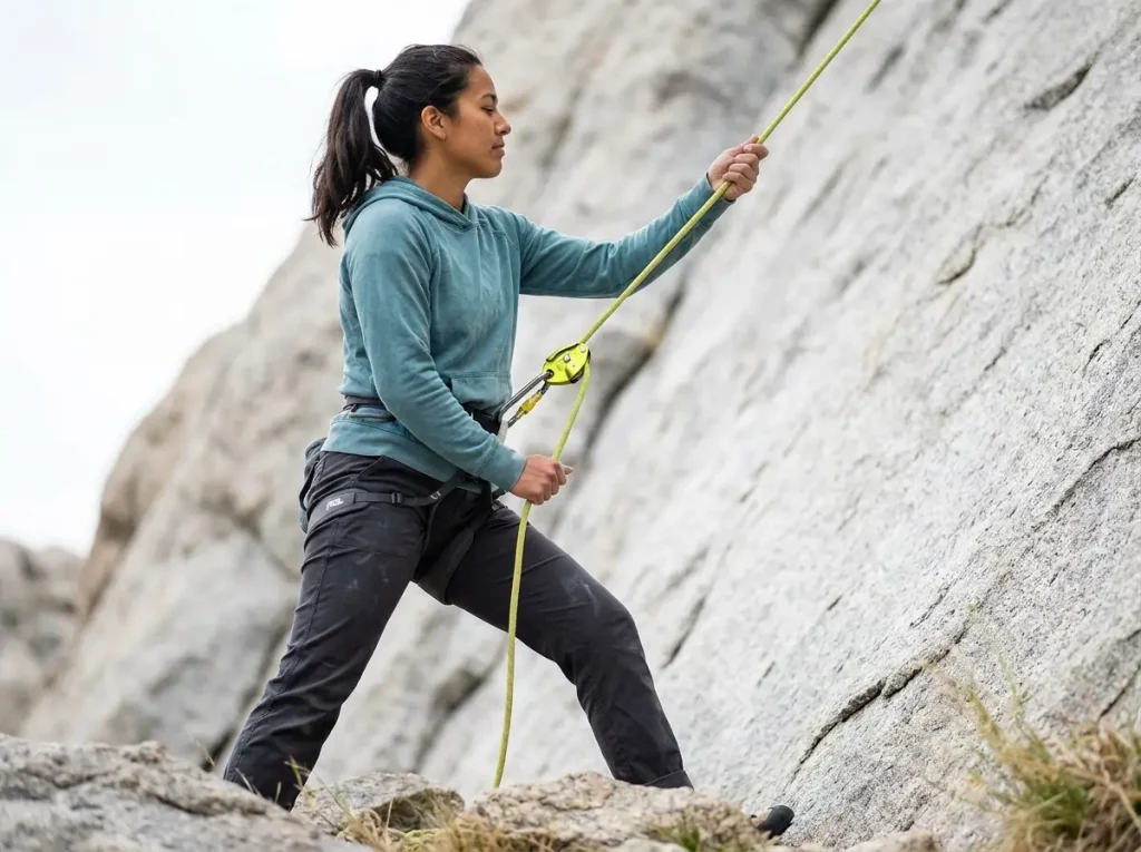 Rock Climbing Realms belayer positioning close to wall outdoor crag