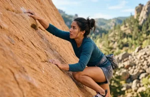 Best Front Range Bouldering by Rock Type Climber smearing on Fountain Formation sandstone at Flagstaff Mountain, Front Range bouldering