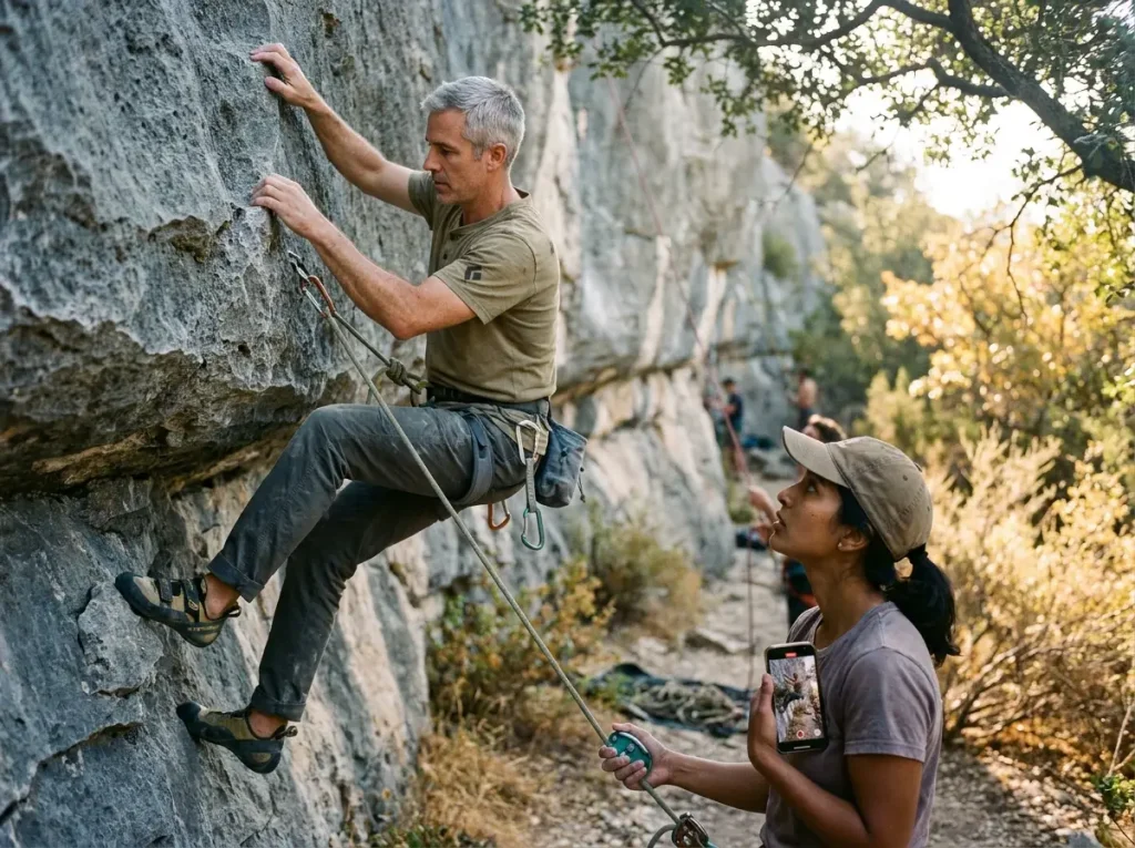 Climber on overhanging sport route while belayer checks phone showing route beta video