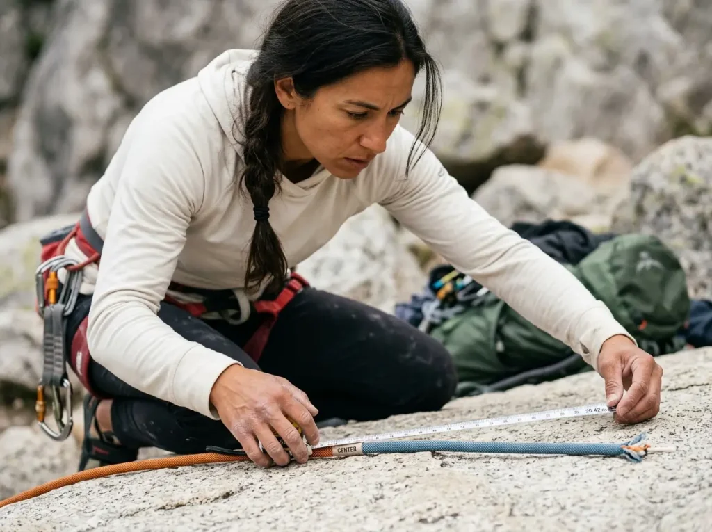 Climber measuring bi-pattern rope discovering false center after cutting — tape measure shows offset