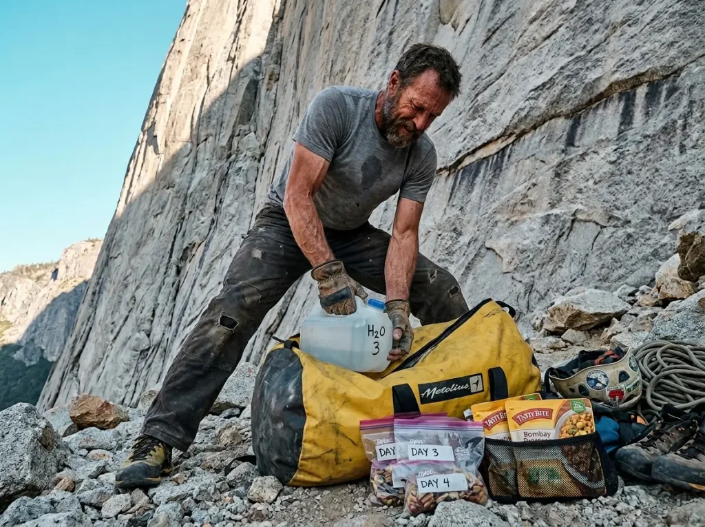 Climber packing a haul bag applying physics for weight distribution