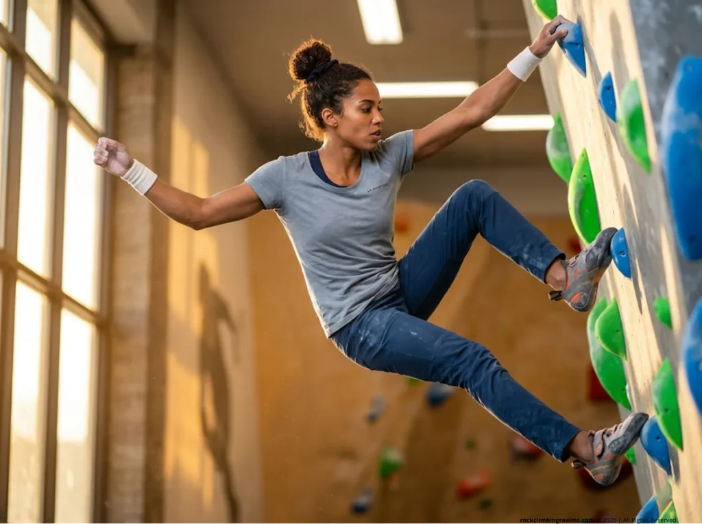 Climber executing a high-step precision move on a steep gym route, body aligned with force vectors