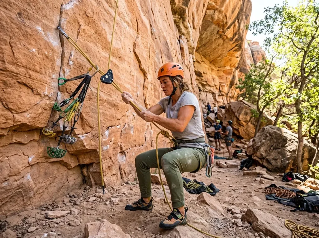 Female climber demonstrating the ergonomic squat haul technique to optimize force for a 3:1 system.