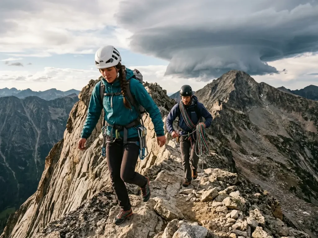 Two climbers racing against fading light on an alpine ridge route, storm building in distance