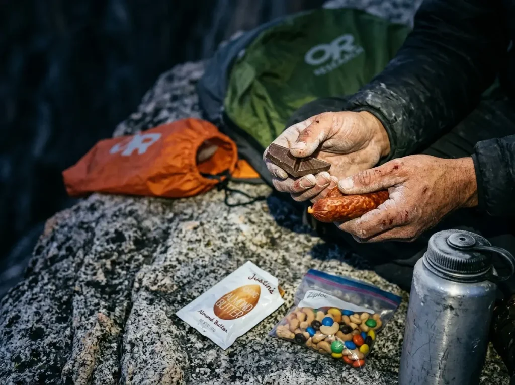Climber eating pepperoni and chocolate on alpine ledge at night, bivy setup visible behind him