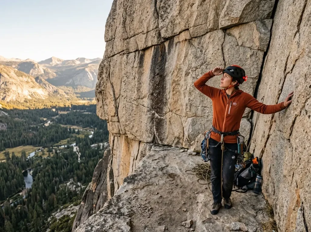 Climber scanning a granite ledge for bivouac site selection at dusk, assessing rockfall and weather exposure