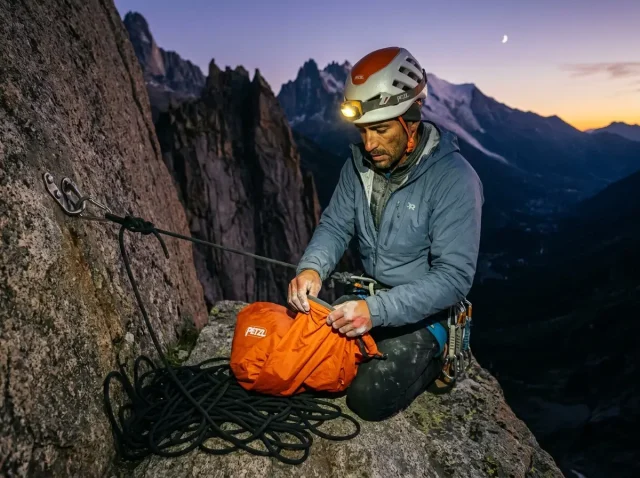 bivouac-survival-skills-climbers-hero Climber in headlamp light setting up emergency bivy sack on granite ledge at dusk, alpine backdrop