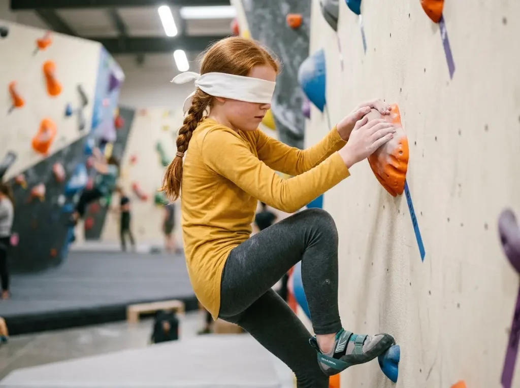 Young girl with blindfold exploring climbing holds by touch in a proprioception training game