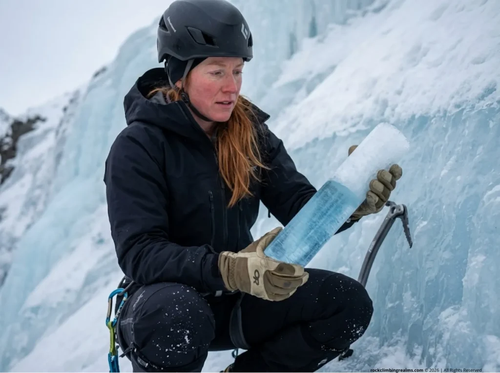 Mountaineer examining dense blue ice core showing crystalline structure vs aerated white ice