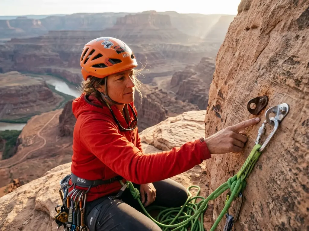 Female climber comparing old rusted bolts reflecting bolt wars ethics