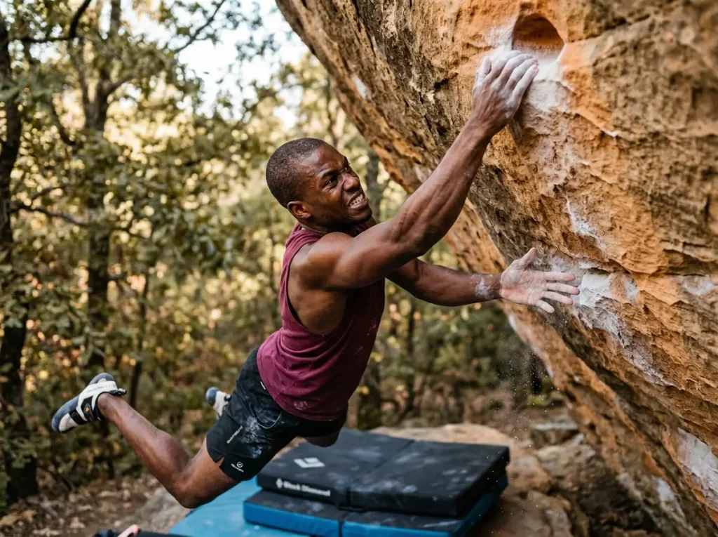 Boulderer exploding off a sandstone overhang in a dynamic deadpoint move demonstrating ATP-PC explosive power