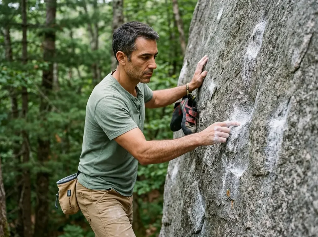 Climber studying beta on a chalked granite boulder problem reading V-scale grades before a bouldering attempt