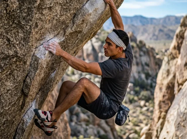 bouldering-plateau-break-through-hero Boulderer executing dynamic reach on steep granite overhang — bouldering plateau training