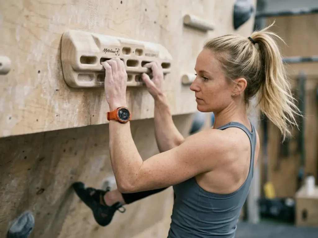 Female climber self-testing finger strength on hangboard to diagnose bouldering plateau — 20mm edge test
