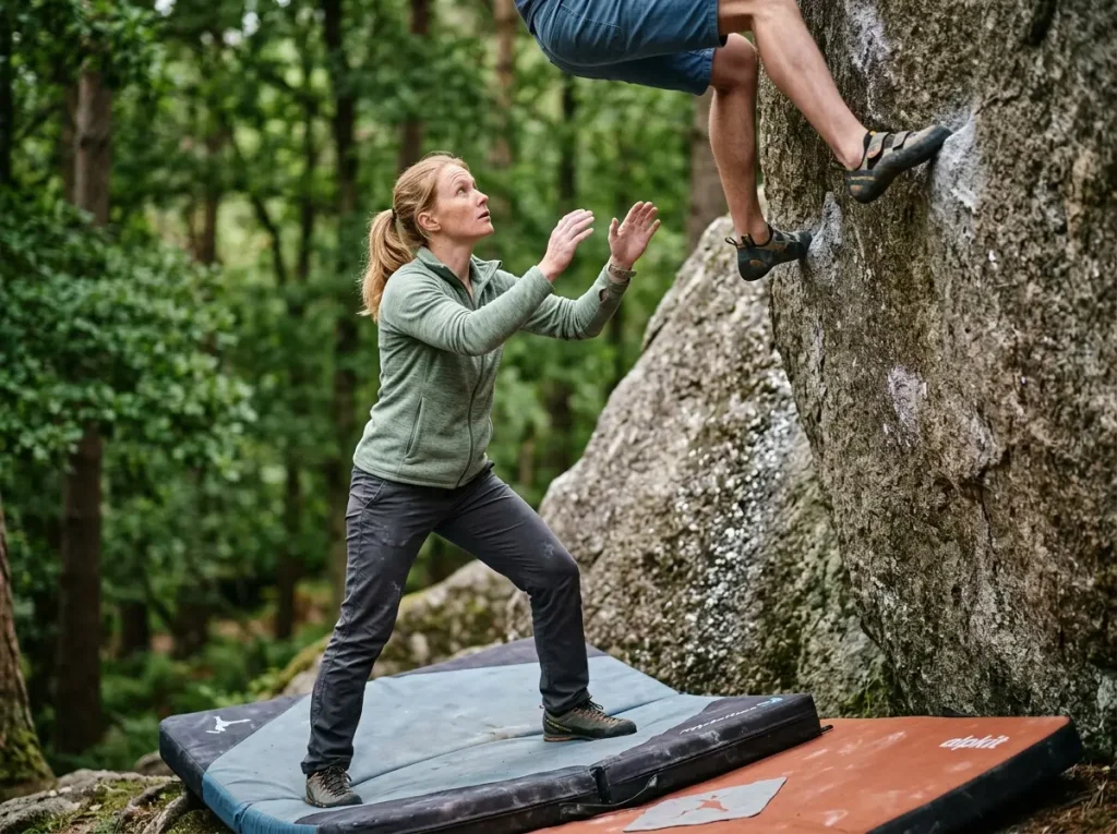 Boulderer spotter using correct spoons hand position tracking climber hips on an outdoor granite boulder problem