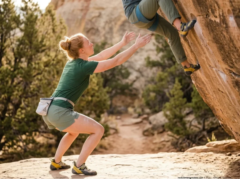 Spotter in correct biomechanical stance with spoons hand position protecting a climber on sandstone boulder