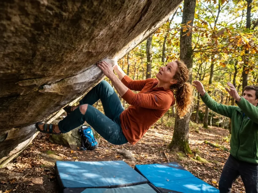 Climber working a V5 bouldering problem at an outdoor area using crash pad
