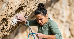Bouldering vs Sport Climbing the Physics Behind Each Climber clipping a quickdraw on a limestone sport route illustrating bouldering vs sport climbing differences