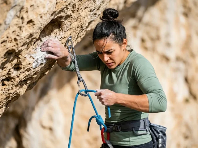 bouldering-vs-sport-climbing-differences-hero Climber clipping a quickdraw on a limestone sport route illustrating bouldering vs sport climbing differences