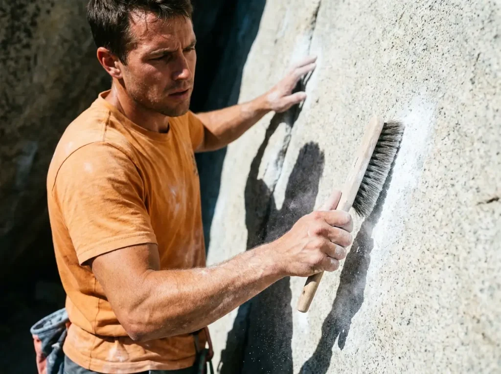 Brushing chalk off a rock hold for water quality protection near climbing crags.
