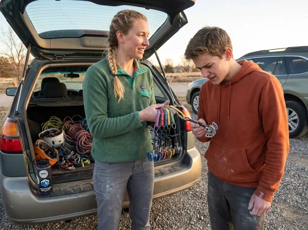 Two climbers exchanging used trad climbing gear at the crag with full inspection