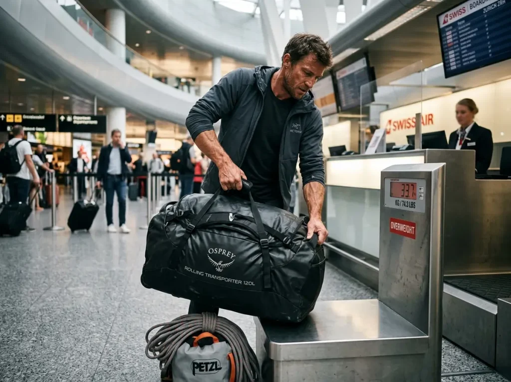 Climber weighing heavy protection gear at an airport luggage scale to calculate transit fees. 