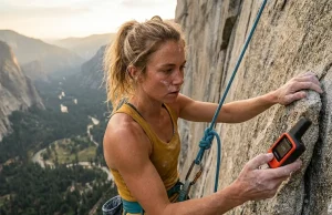Can You Call for Rescue While Climbing? Yes Female climber hanging on granite wall triggering SOS on Garmin inReach Mini 2.