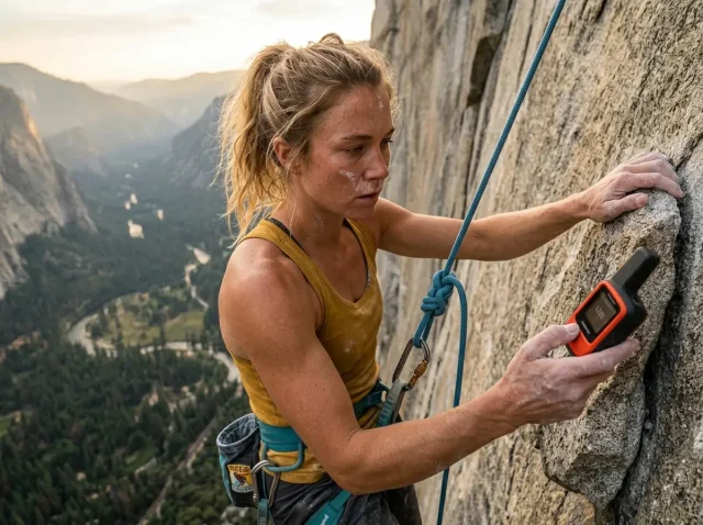call-for-rescue-while-climbing-garmin Female climber hanging on granite wall triggering SOS on Garmin inReach Mini 2.