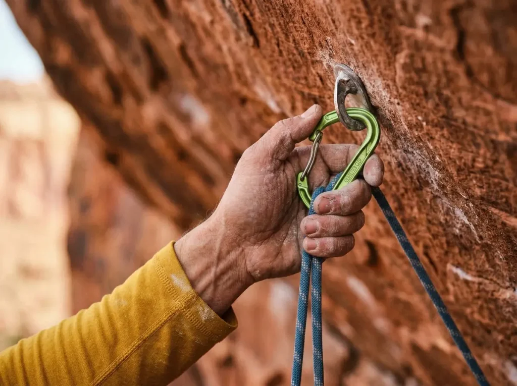 Climber clipping an ultralight wiregate carabiner on overhanging sandstone