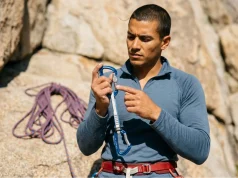 How to Read Carabiner Strength Ratings Before You Fall Climber reading carabiner strength ratings kN stamp on Petzl quickdraw before sport climb