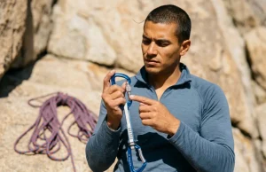 How to Read Carabiner Strength Ratings Before You Fall Climber reading carabiner strength ratings kN stamp on Petzl quickdraw before sport climb