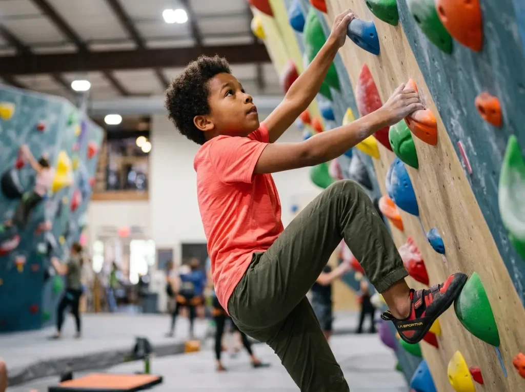 Young boy performing a high-step rotational move on an indoor bouldering wall game