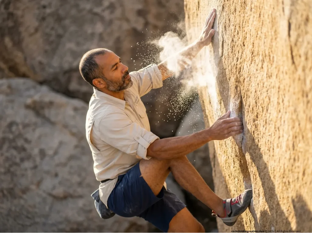 Climber applying chalk to sandstone hold during mantle move, MgCO3 chalk dust cloud, proper chalk ethics