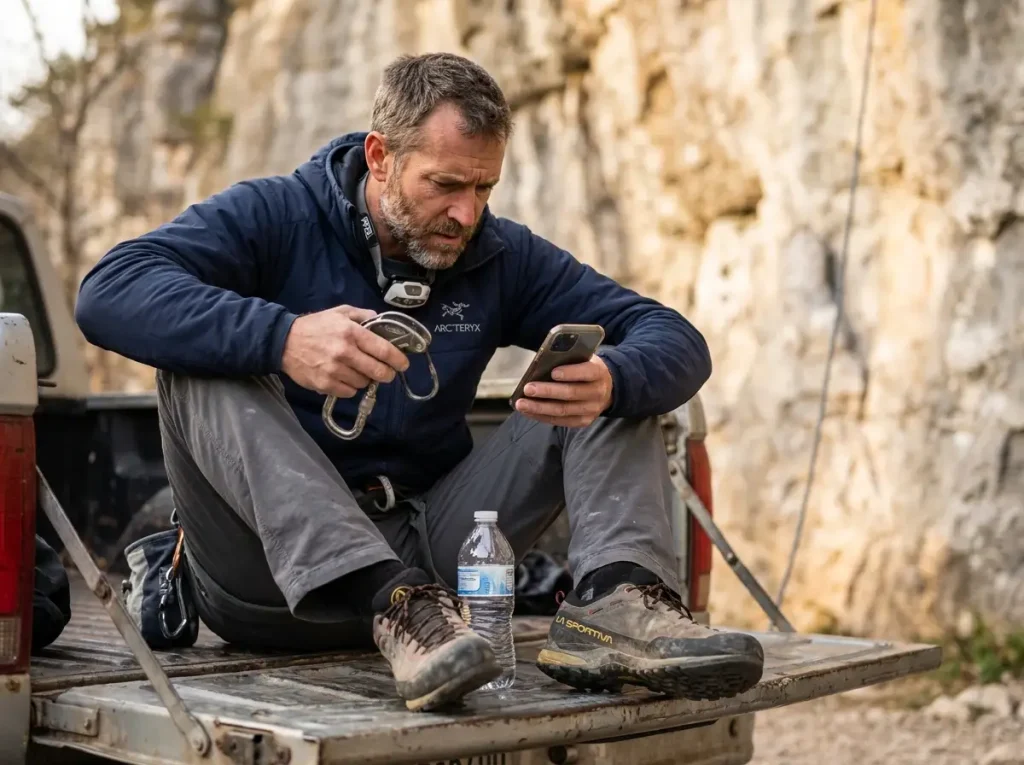 Climber checking CPSC climbing gear recall database on phone before buying used gear