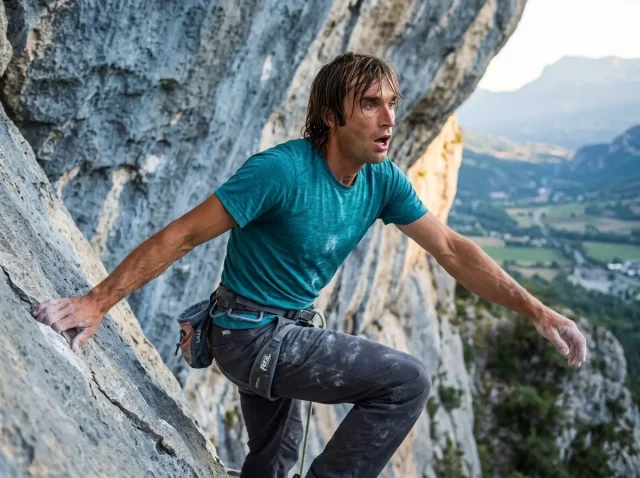 chris-sharma-sends-hero-limestone-dyno Sport climber in a dynamic lunge on steep limestone, evoking Chris Sharma's powerful style