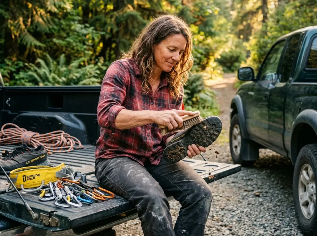 Female climber meticulously brushing dirt off approach shoes to prevent the spread of invasive species.