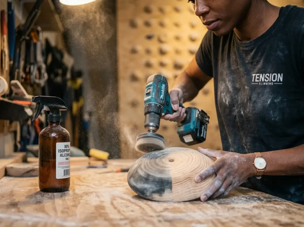 Routesetter cleaning a Tension Board wooden hold with a drill brush and 99% isopropyl alcohol protocol