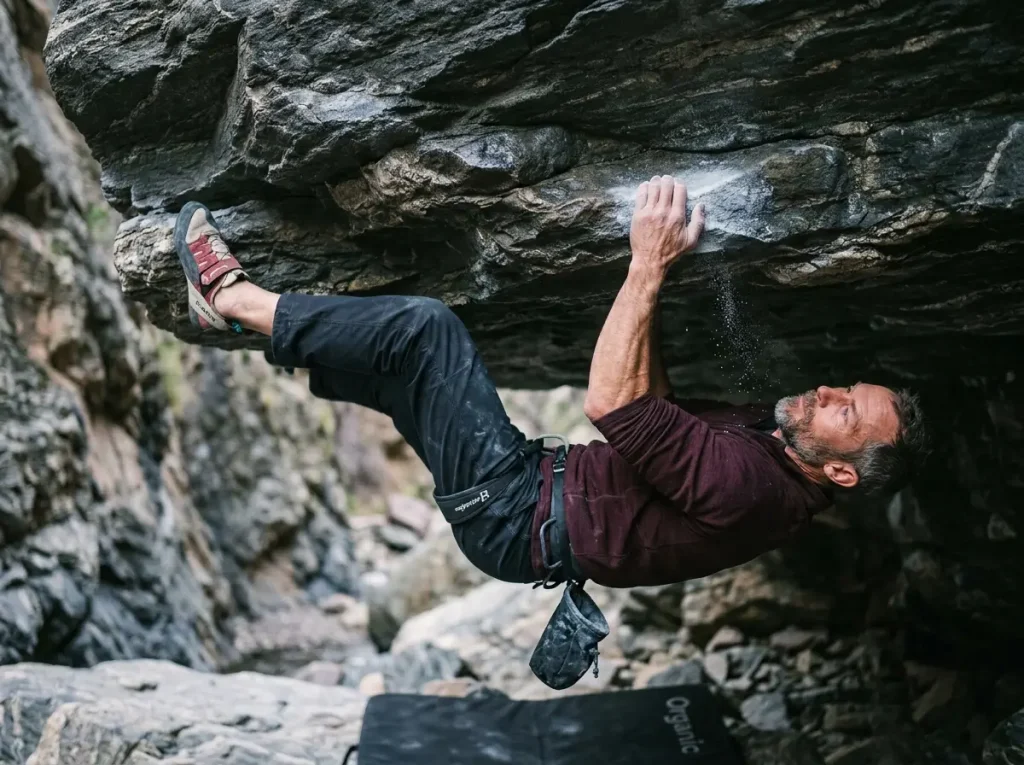Climber on horizontal gneiss roof at Clear Creek Canyon, Front Range bouldering Colorado