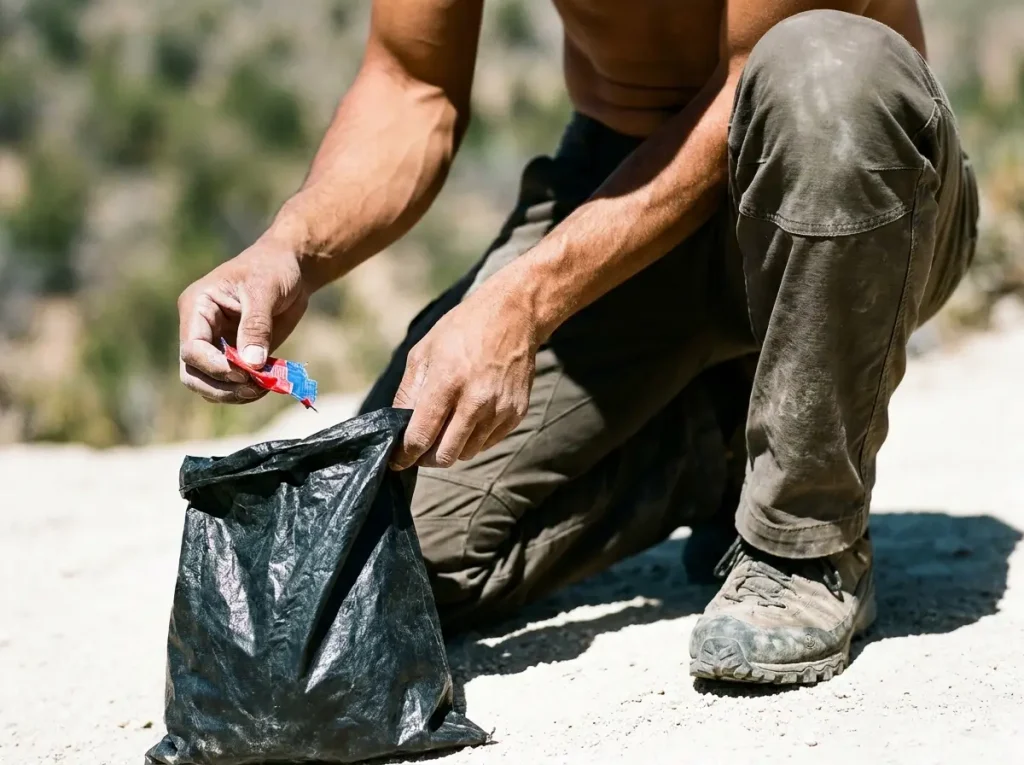 Climber picking up micro-trash demonstrating reciprocity