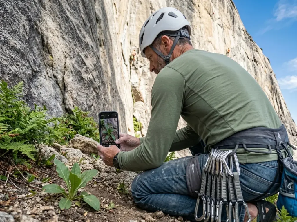 Climber using smartphone app to photograph native plants to intercept invasive species climbers spread unknowingly.