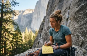 What Most Climbers Forget in Their Trip Reports Female rock climber writing technical beta in a Rite in the Rain notebook at the base of a granite crag