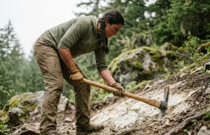 DIY Climbing Approach Trail Erosion Prevention That Works Female climber repairing trail erosion with a Pulaski tool