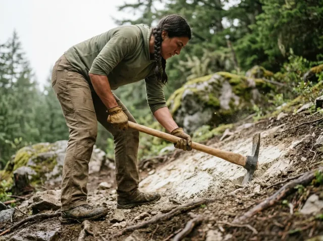 climbing-approach-trail-erosion-prevention Female climber repairing trail erosion with a Pulaski tool