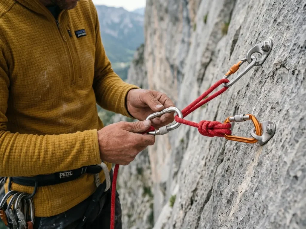 Detailed shot of bail anchor when to bail on a climb decision framework