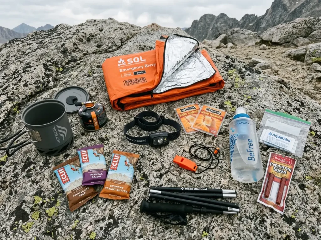 Climbing bivy kit contents laid out on granite: emergency bivy sack, headlamp, food, water purification on rock